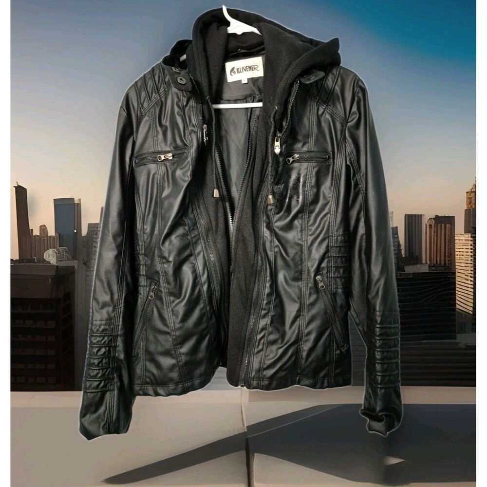 Blivener Womens Faux Leather Removable Hooded Zip Up Punk Jacket Lg - Black Y2K